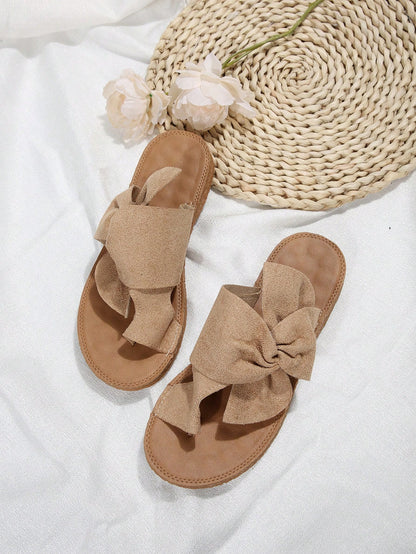 Bow Decor Women's Slip-On Slippers, Suede Upper Toe Separator Casual Fisherman Style Beach Sandals, Elegant, Comfortable And Versatile Flat Slides