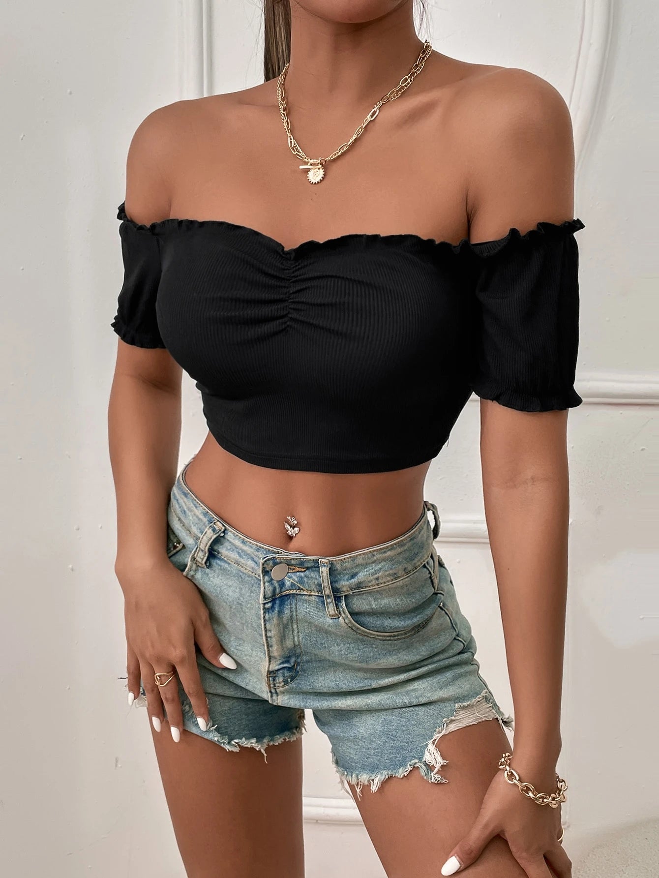 Breezaya Off Shoulder Lettuce Trim Top