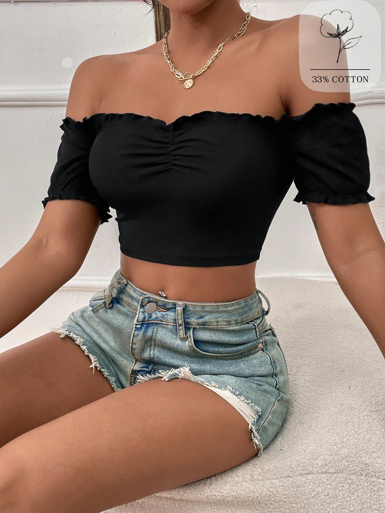 Breezaya Off Shoulder Lettuce Trim Top