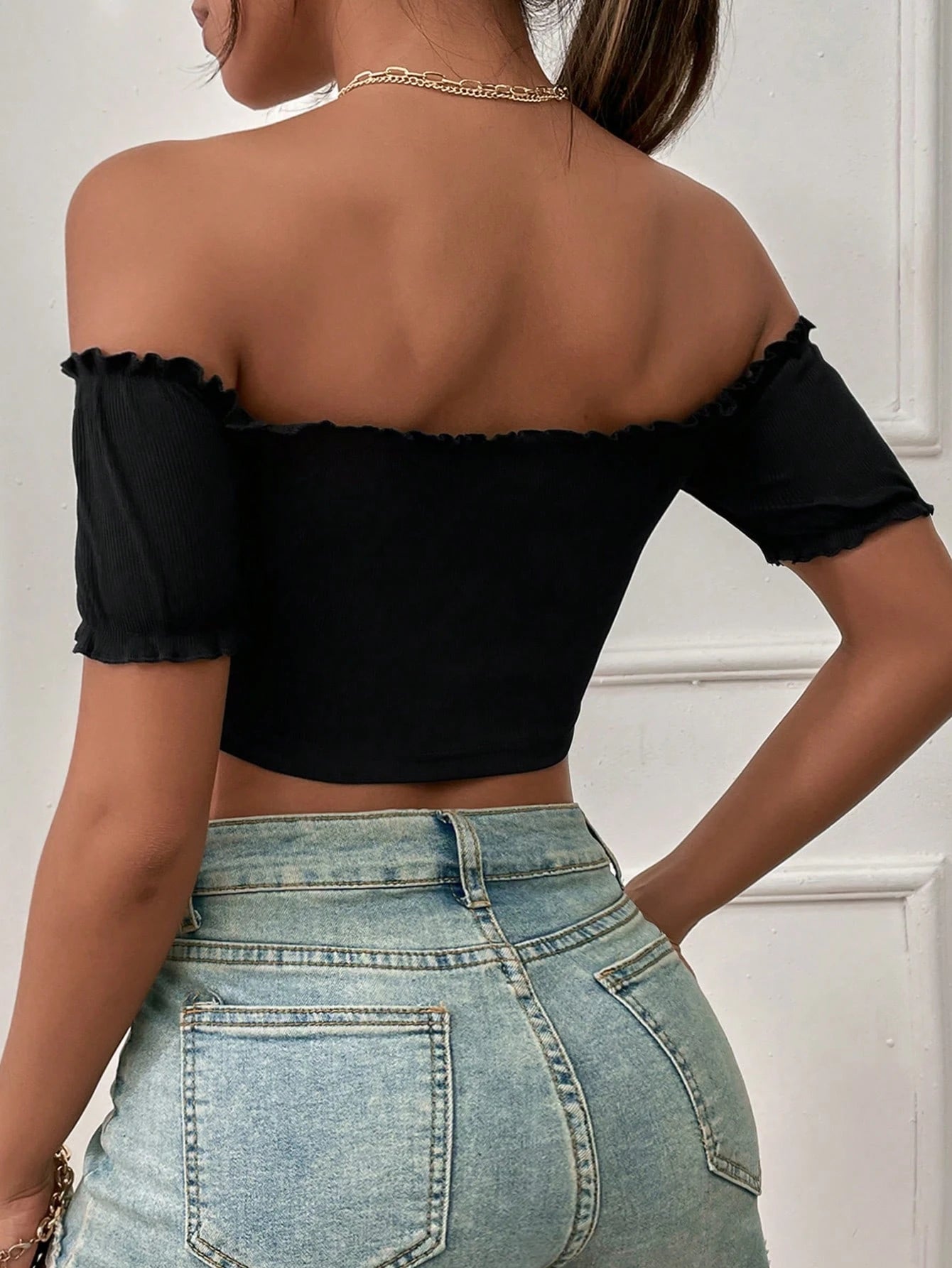 Breezaya Off Shoulder Lettuce Trim Top