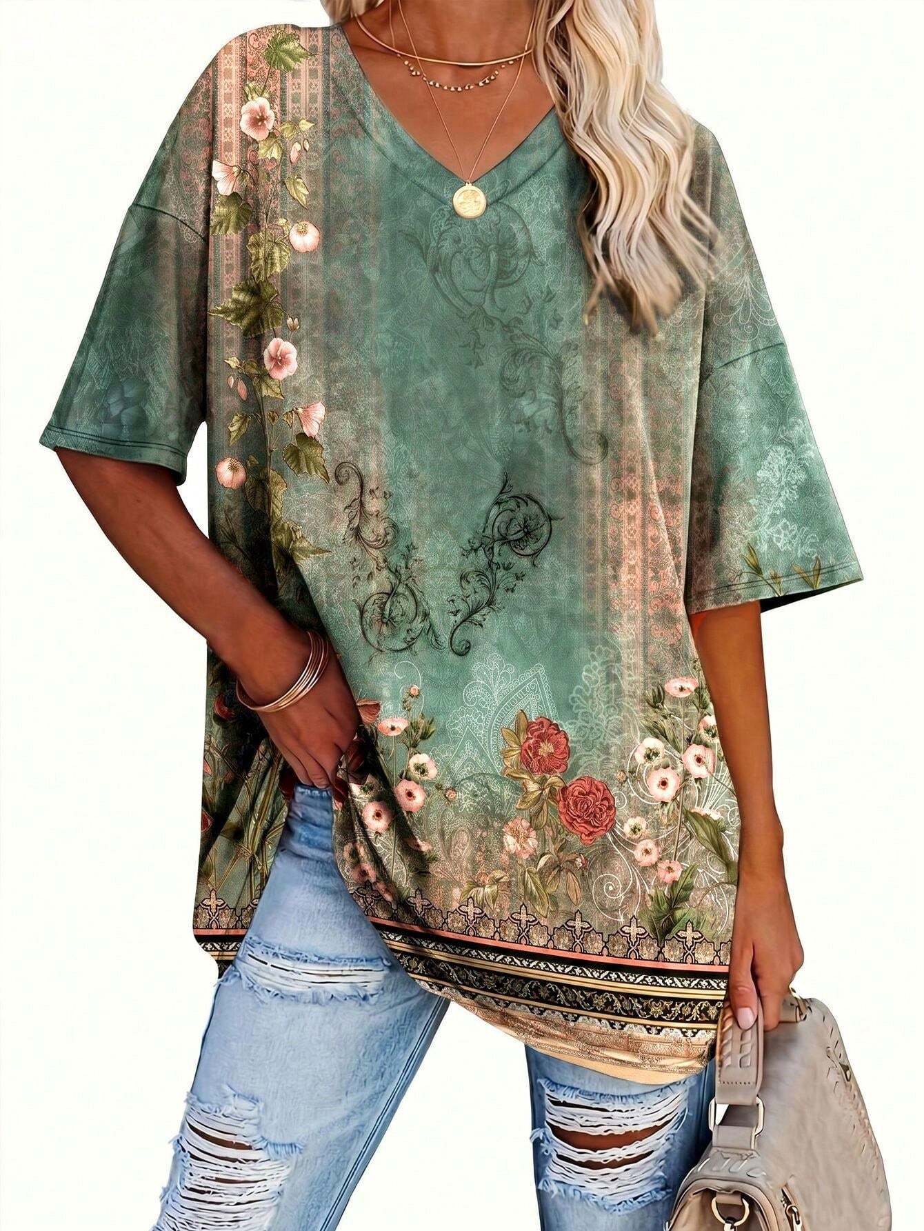 Breezaya Plus Size Solid Half Sleeve T-Shirt, Casual V Neck T-Shirt For Summer, Women's Plus Size Clothing Gr