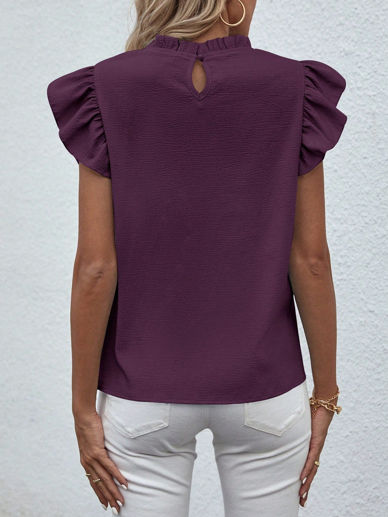 Breezaya Solid Color Ruffle Collar Short Sleeve Elegant Blouse