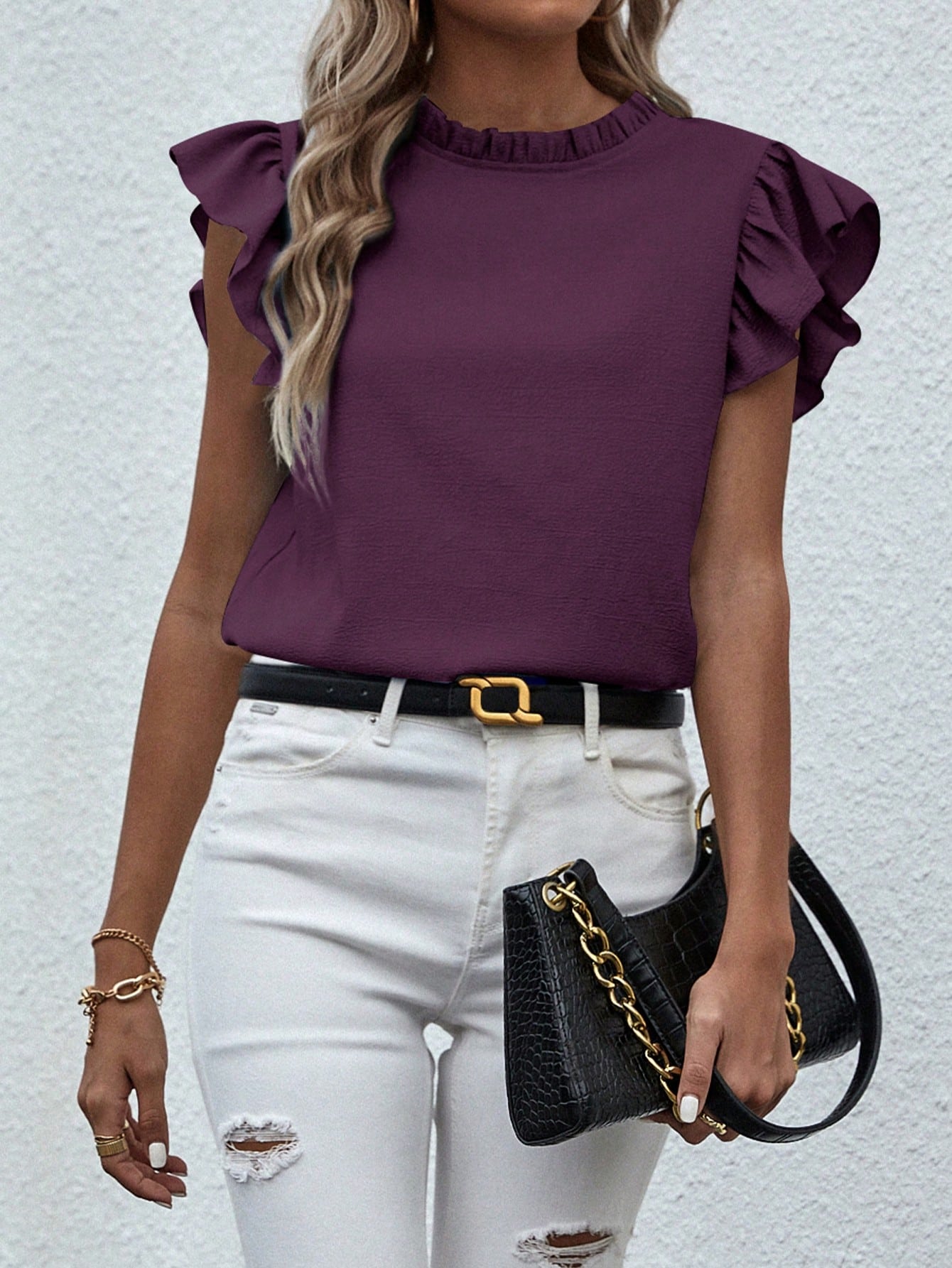 Breezaya Solid Color Ruffle Collar Short Sleeve Elegant Blouse