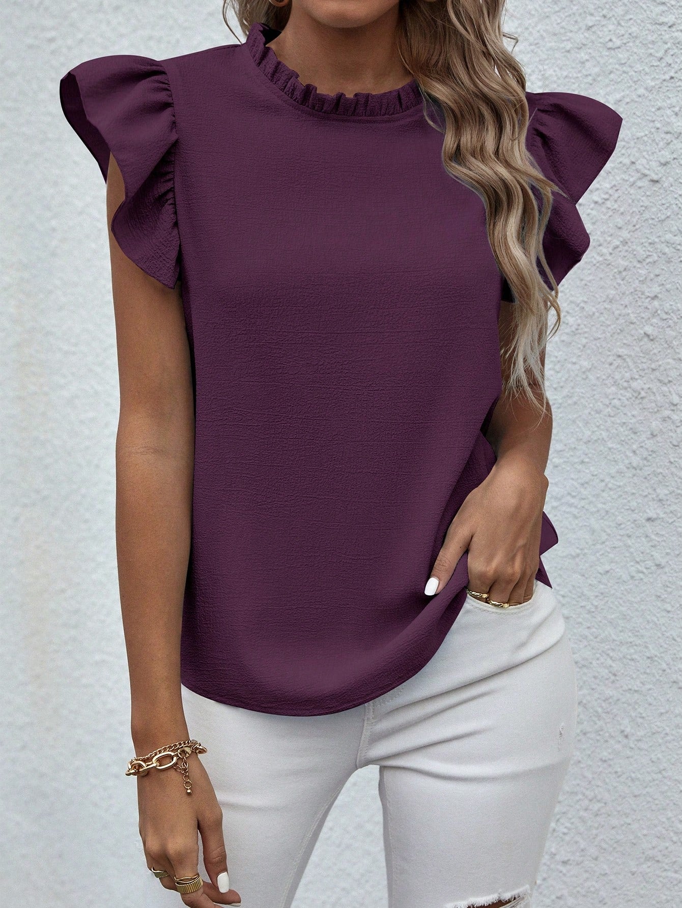 Breezaya Solid Color Ruffle Collar Short Sleeve Elegant Blouse