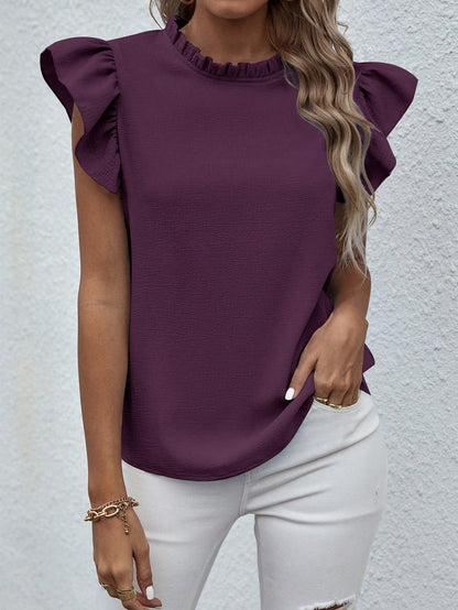 Breezaya Solid Color Ruffle Collar Short Sleeve Elegant Blouse