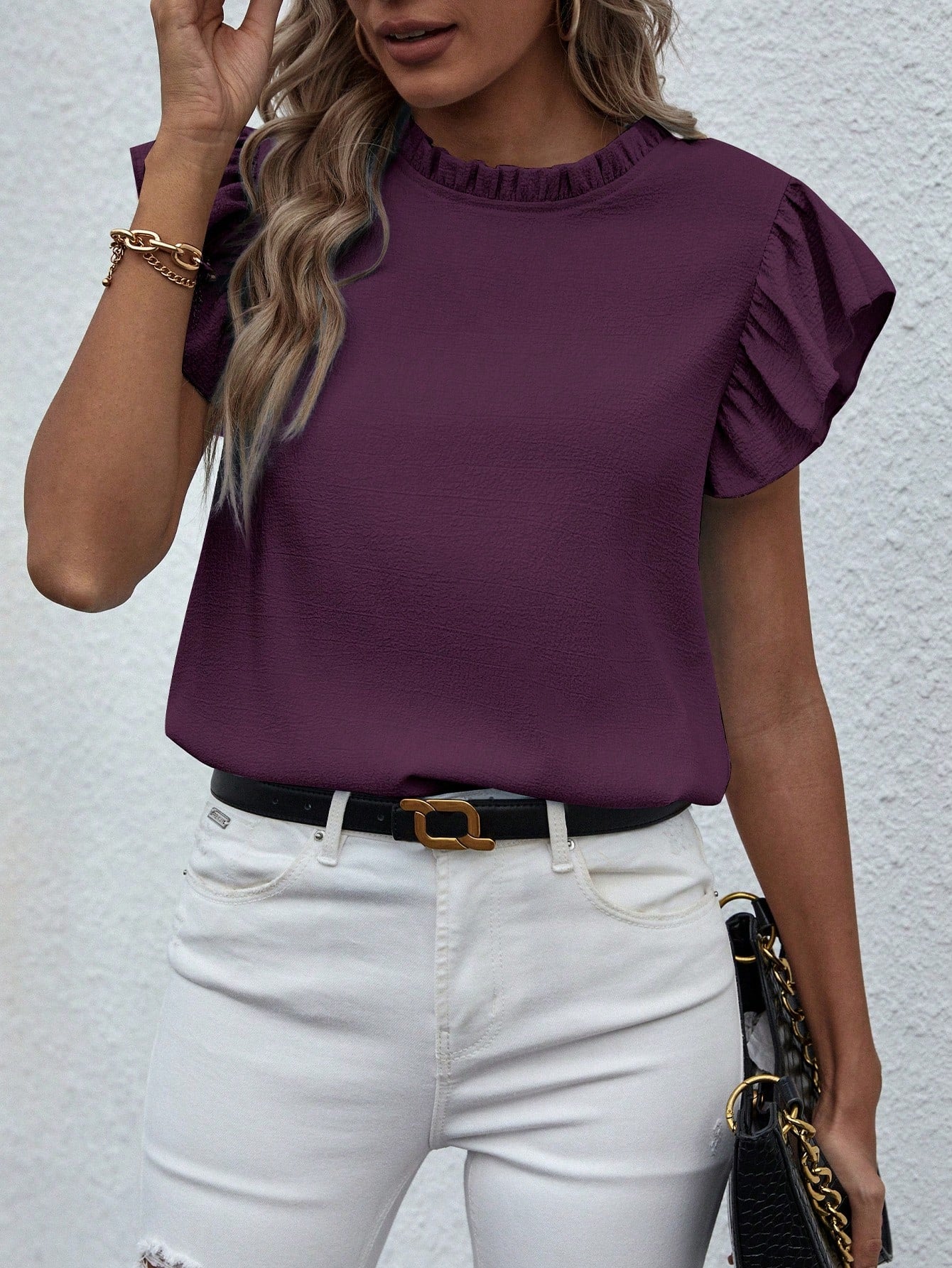 Breezaya Solid Color Ruffle Collar Short Sleeve Elegant Blouse