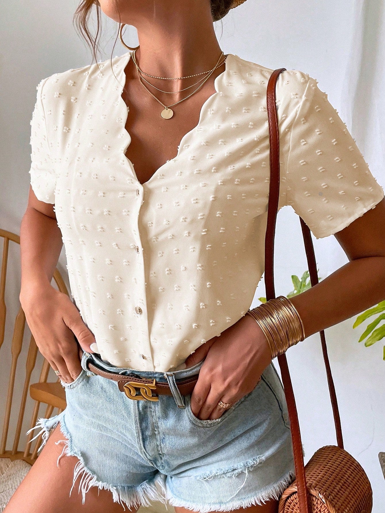 Breezaya Swiss Dot Scallop Trim Top Women Shirt
