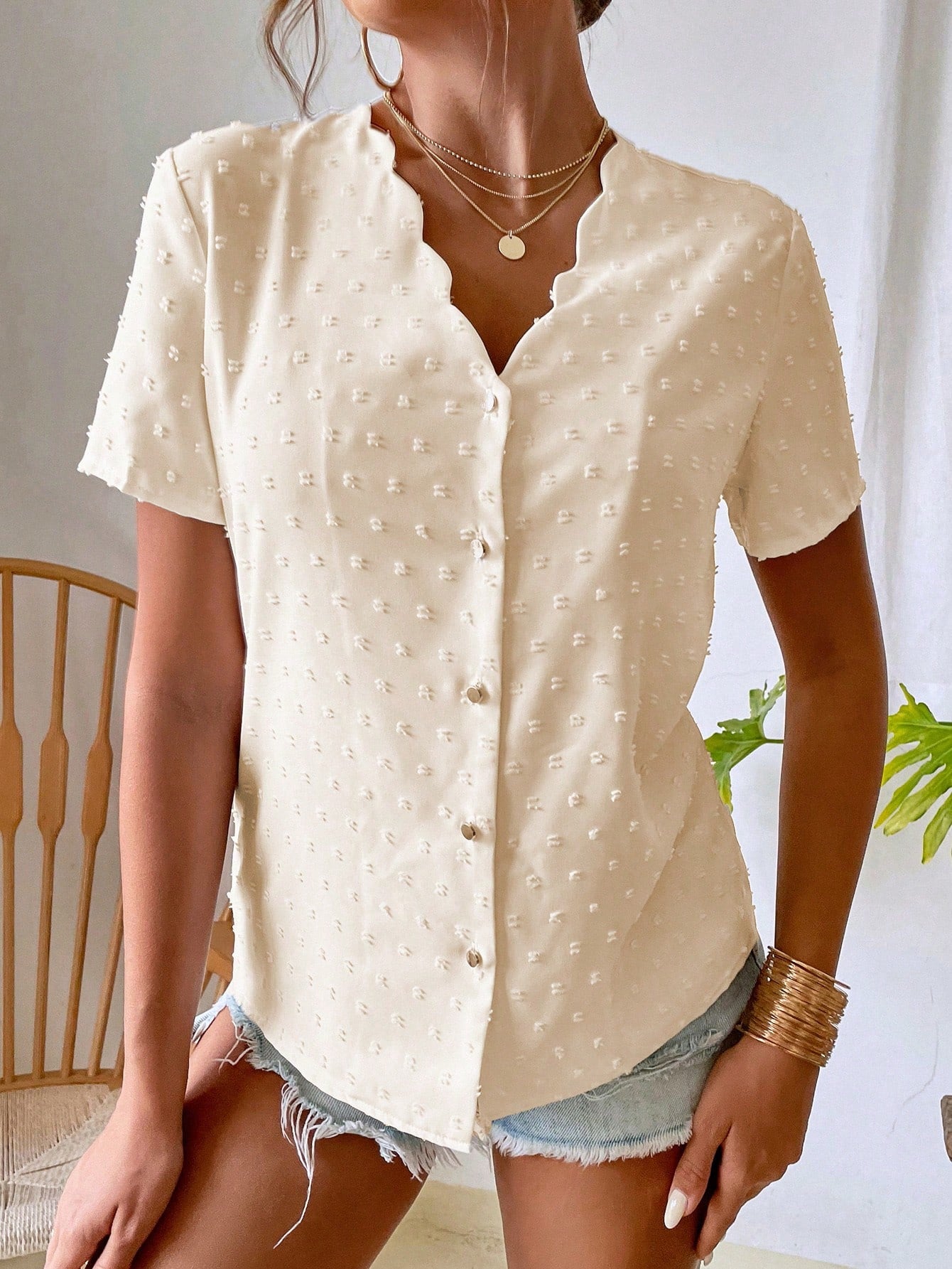 Breezaya Swiss Dot Scallop Trim Top Women Shirt