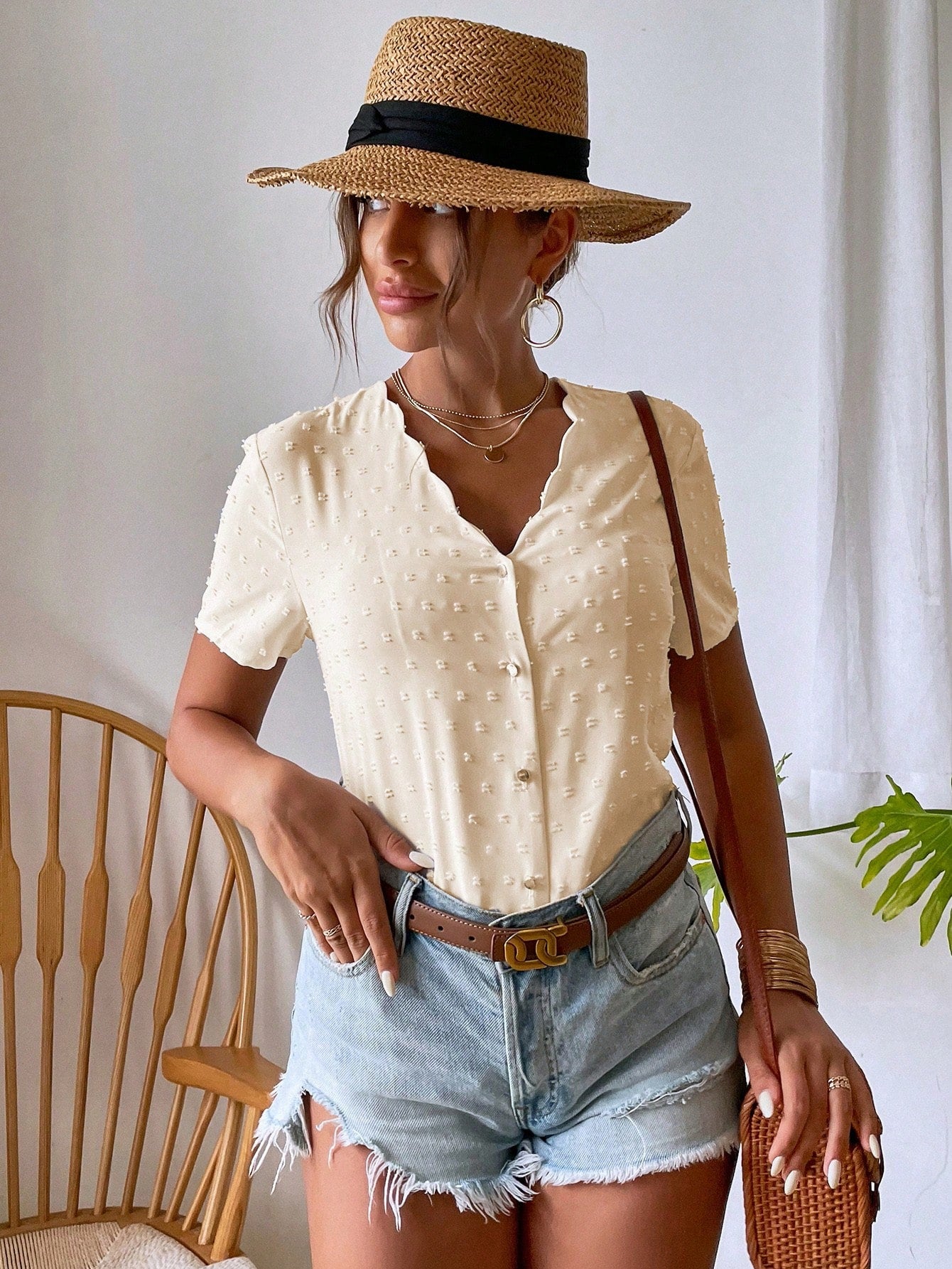 Breezaya Swiss Dot Scallop Trim Top Women Shirt