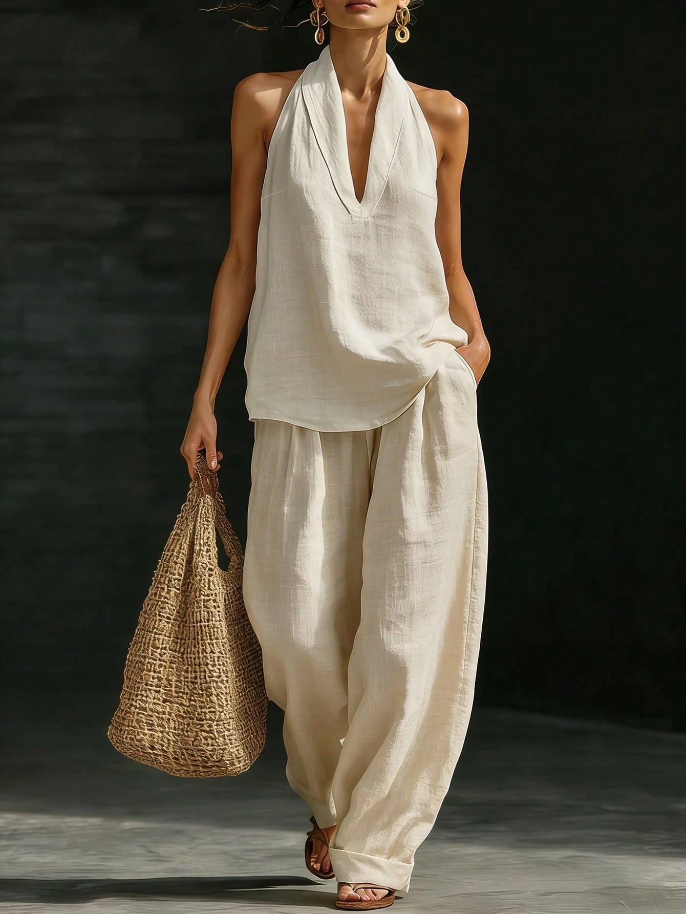 Breezaya Women's Casual Urban Style White Linen V-Neck Sleeveless Top And Wide-Leg Pants Set
