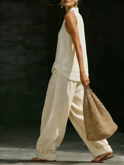 Breezaya Women's Casual Urban Style White Linen V-Neck Sleeveless Top And Wide-Leg Pants Set