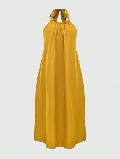 Breezaya Women's Solid Color Loose Halter Midi Casual Yellow Dress For Vacation
