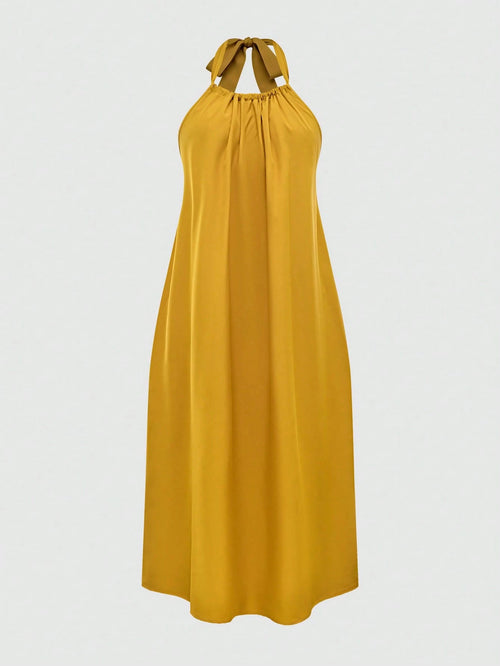 Breezaya Women's Solid Color Loose Halter Midi Casual Yellow Dress For Vacation