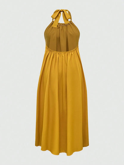 Breezaya Women's Solid Color Loose Halter Midi Casual Yellow Dress For Vacation