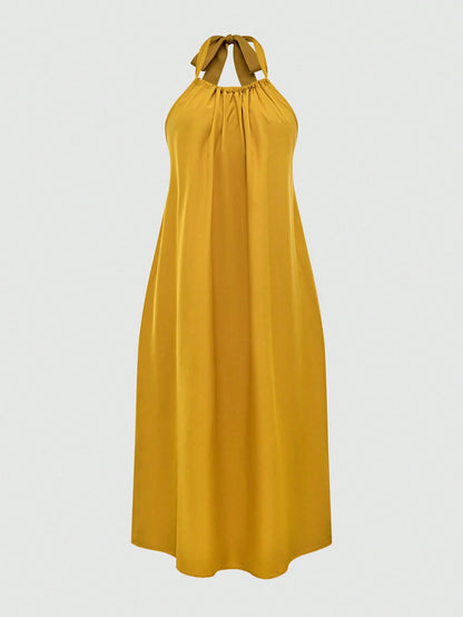 Breezaya Women's Solid Color Loose Halter Midi Casual Yellow Dress For Vacation
