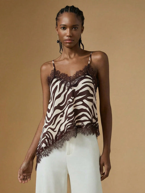 Briarwyn Elegant Women's Zebra Print Stain Contrast Lace Asymmetric Hem Fashionable Camisole,Summer Tops,Elegant Women's Tops, Summer Clothes
