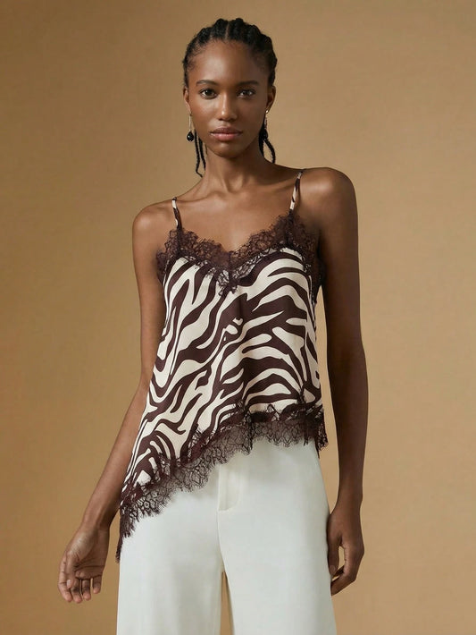 Briarwyn Elegant Women's Zebra Print Stain Contrast Lace Asymmetric Hem Fashionable Camisole,Summer Tops,Elegant Women's Tops, Summer Clothes
