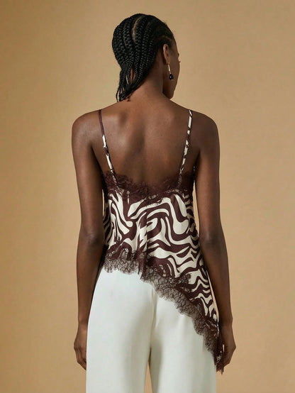 Briarwyn Elegant Women's Zebra Print Stain Contrast Lace Asymmetric Hem Fashionable Camisole,Summer Tops,Elegant Women's Tops, Summer Clothes