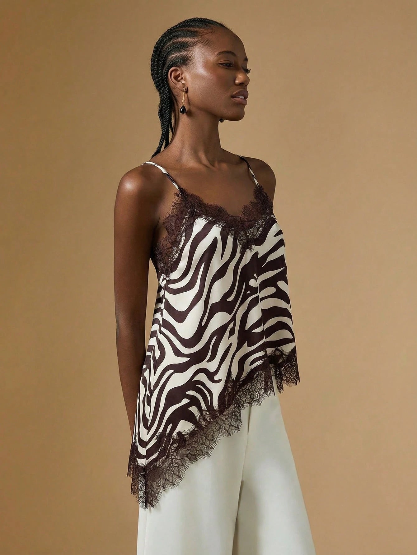 Briarwyn Elegant Women's Zebra Print Stain Contrast Lace Asymmetric Hem Fashionable Camisole,Summer Tops,Elegant Women's Tops, Summer Clothes