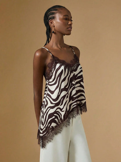 Briarwyn Elegant Women's Zebra Print Stain Contrast Lace Asymmetric Hem Fashionable Camisole,Summer Tops,Elegant Women's Tops, Summer Clothes