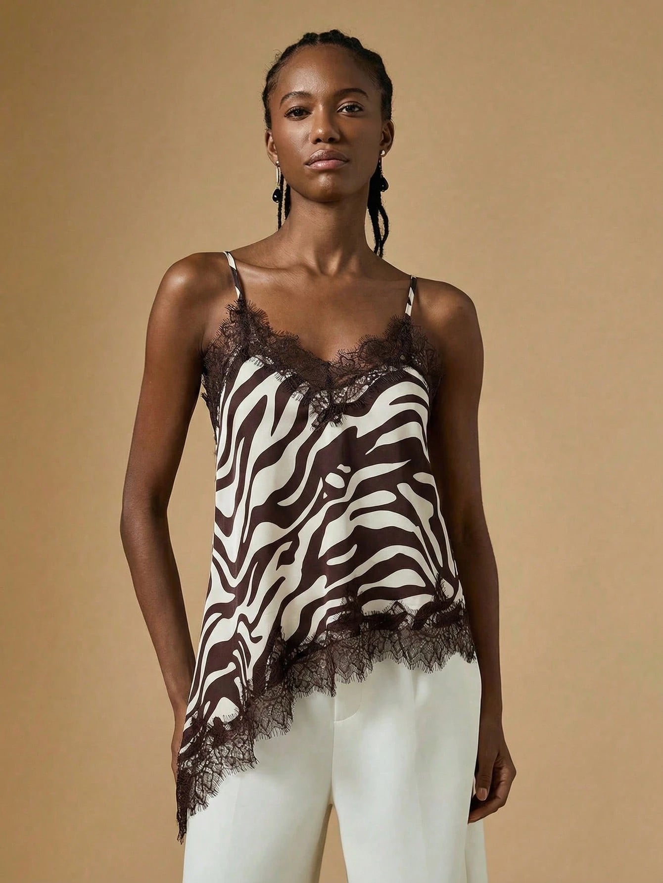 Briarwyn Elegant Women's Zebra Print Stain Contrast Lace Asymmetric Hem Fashionable Camisole,Summer Tops,Elegant Women's Tops, Summer Clothes