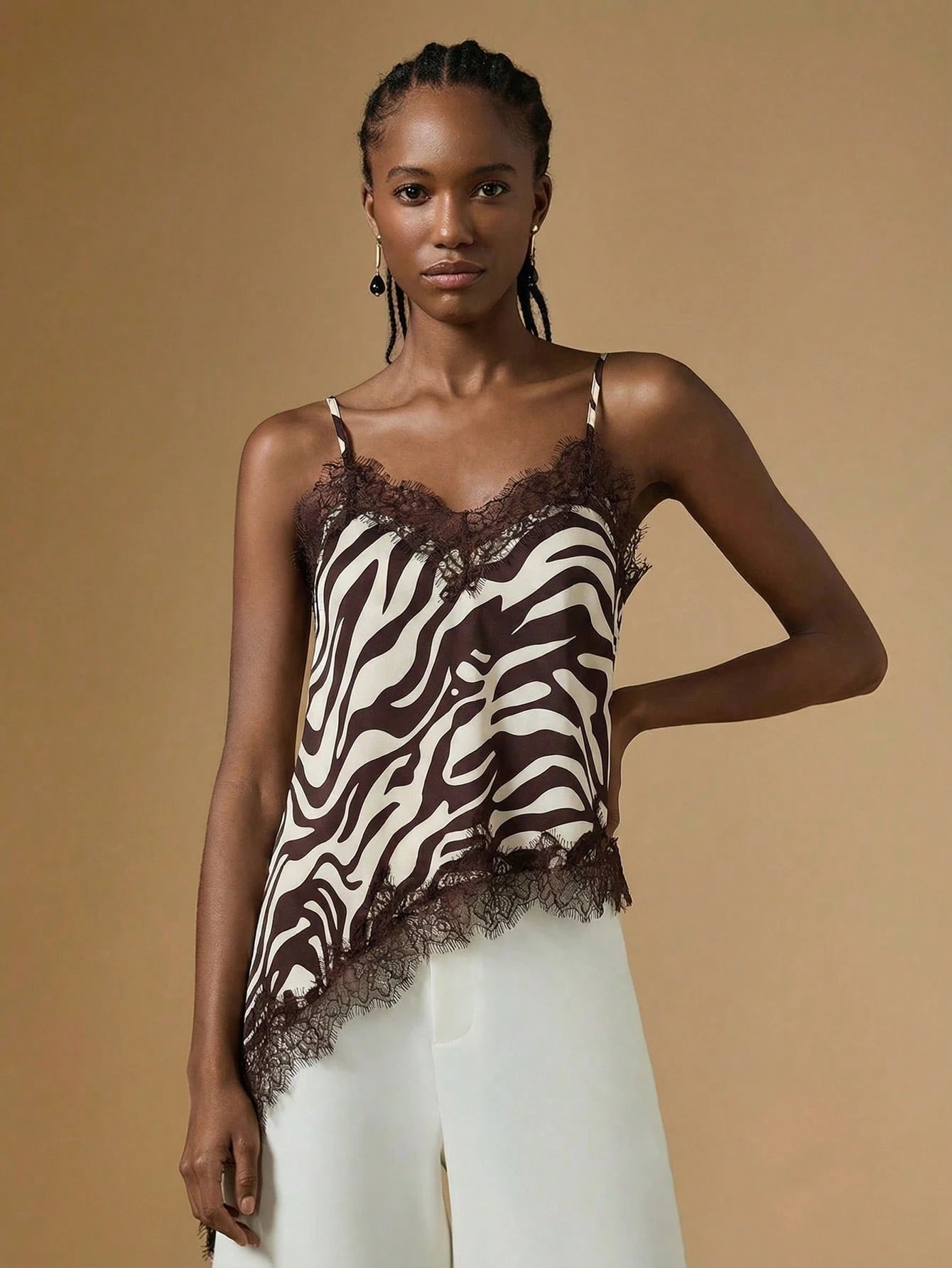 Briarwyn Elegant Women's Zebra Print Stain Contrast Lace Asymmetric Hem Fashionable Camisole,Summer Tops,Elegant Women's Tops, Summer Clothes