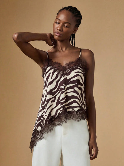 Briarwyn Elegant Women's Zebra Print Stain Contrast Lace Asymmetric Hem Fashionable Camisole,Summer Tops,Elegant Women's Tops, Summer Clothes