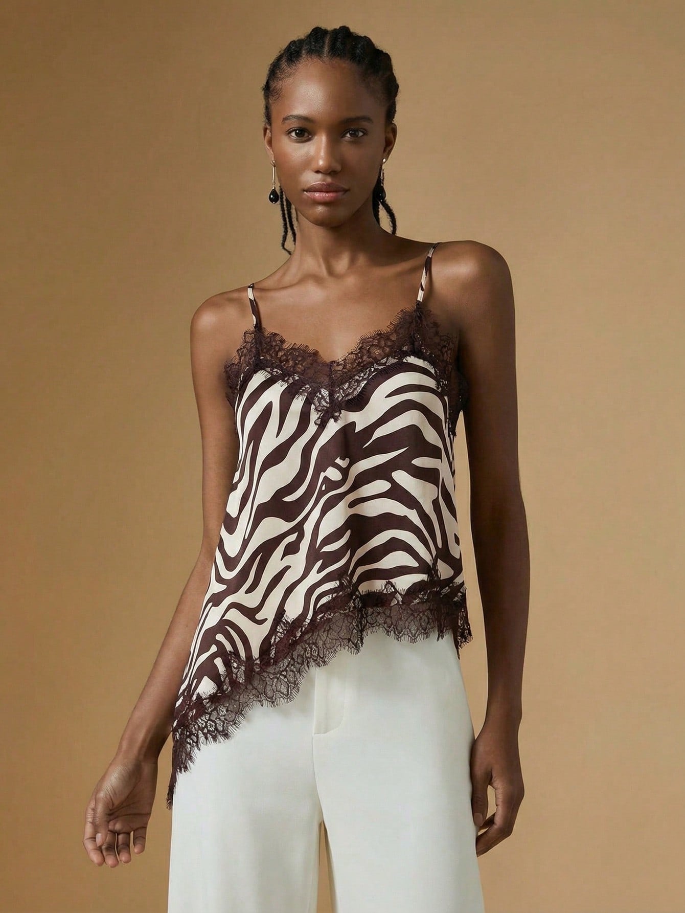 Briarwyn Elegant Women's Zebra Print Stain Contrast Lace Asymmetric Hem Fashionable Camisole,Summer Tops,Elegant Women's Tops, Summer Clothes
