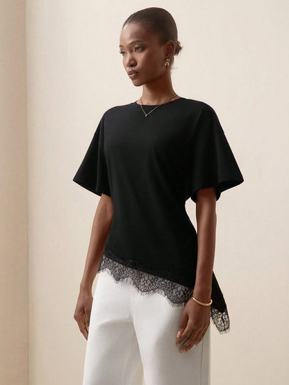 Briarwyn Women's Lace Patchwork Asymmetrical Hem Casual Versatile Daily Wear Top,Summer Top