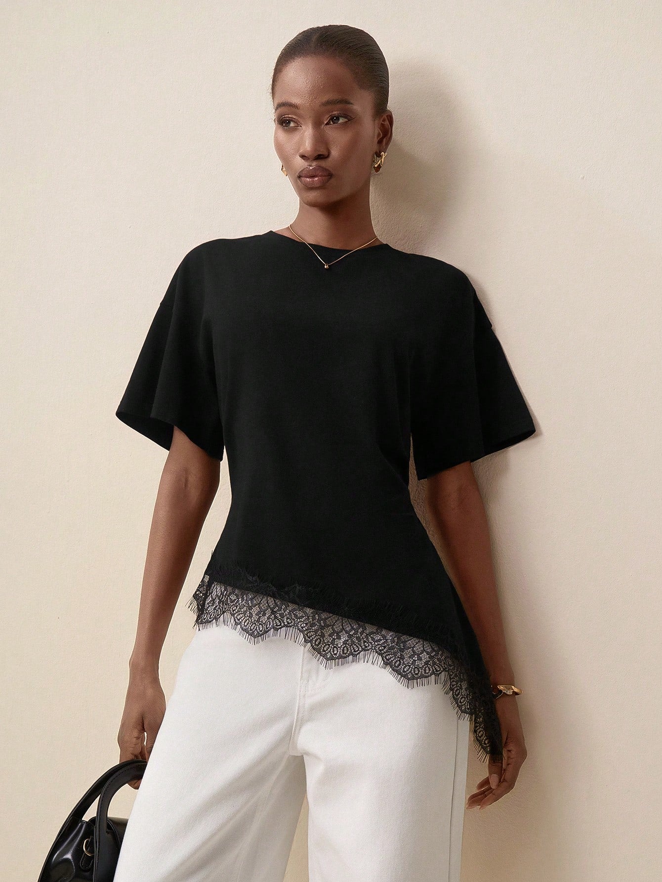 Briarwyn Women's Lace Patchwork Asymmetrical Hem Casual Versatile Daily Wear Top,Summer Top