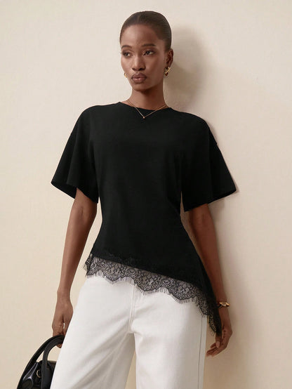 Briarwyn Women's Lace Patchwork Asymmetrical Hem Casual Versatile Daily Wear Top,Summer Top