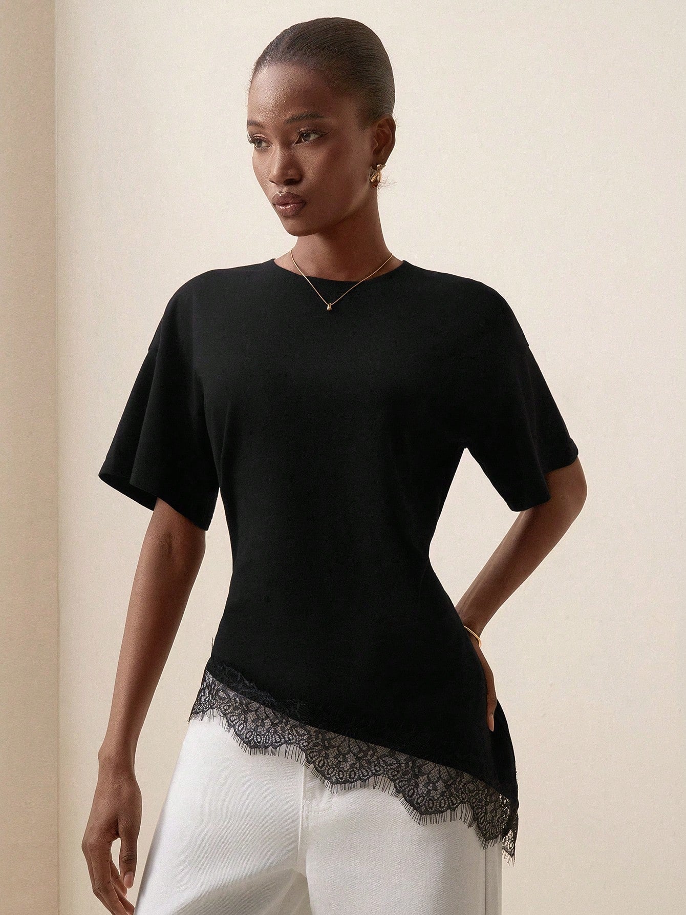 Briarwyn Women's Lace Patchwork Asymmetrical Hem Casual Versatile Daily Wear Top,Summer Top