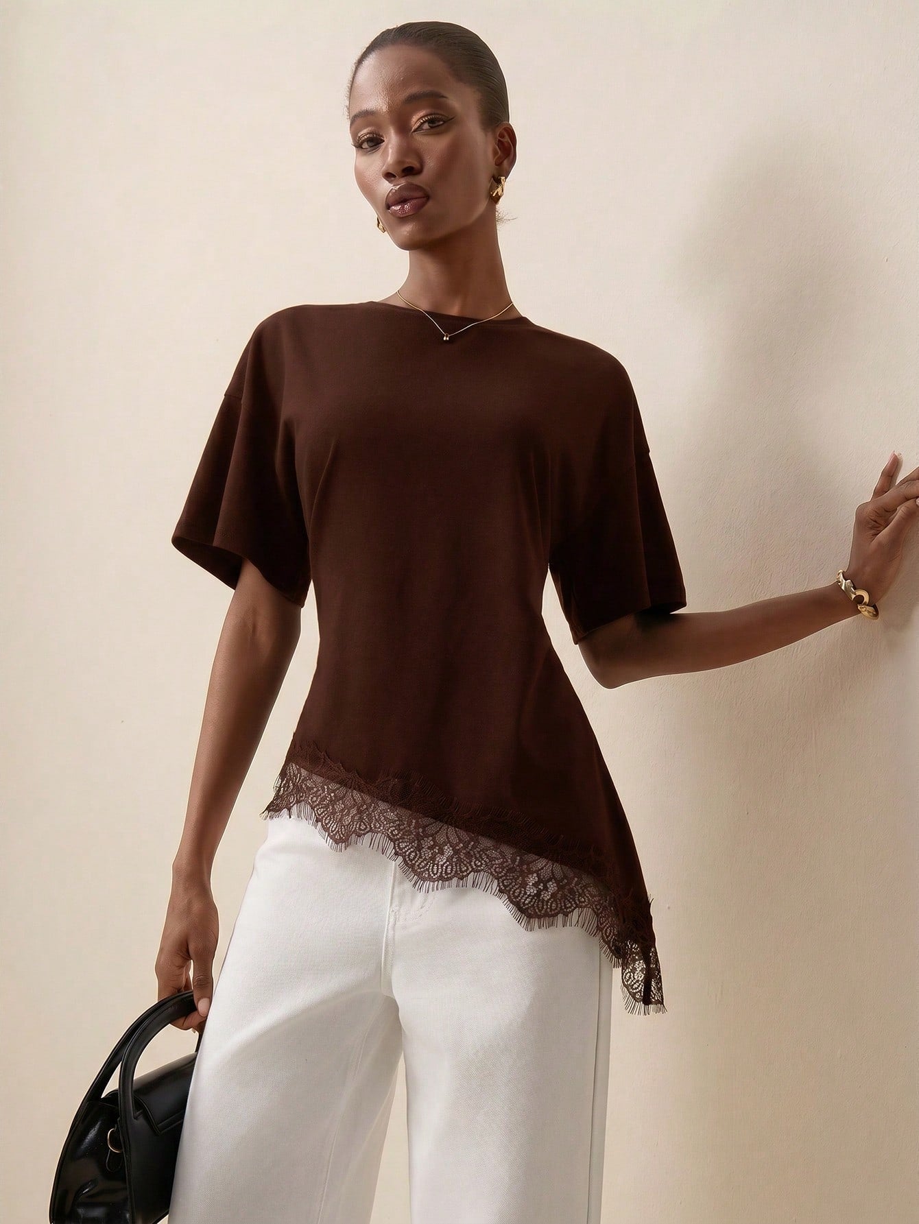 Briarwyn Women's Lace Patchwork Asymmetrical Hem Casual Versatile Daily Wear Top,Summer Top