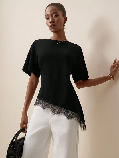 Briarwyn Women's Lace Patchwork Asymmetrical Hem Casual Versatile Daily Wear Top,Summer Top