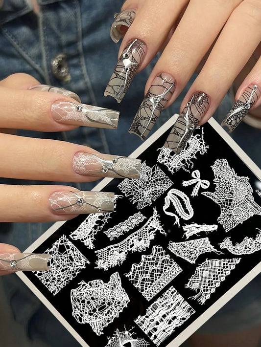 Broken Lace Nail Stamping Plate Stainless Steel Nail Art Template With Tattered Mesh Bow Spider Web Pattern Reusable Clear Etched Nail Stamp Plate For Gothic Y2K Pure Desire Style Manicure DIY Nail Sa