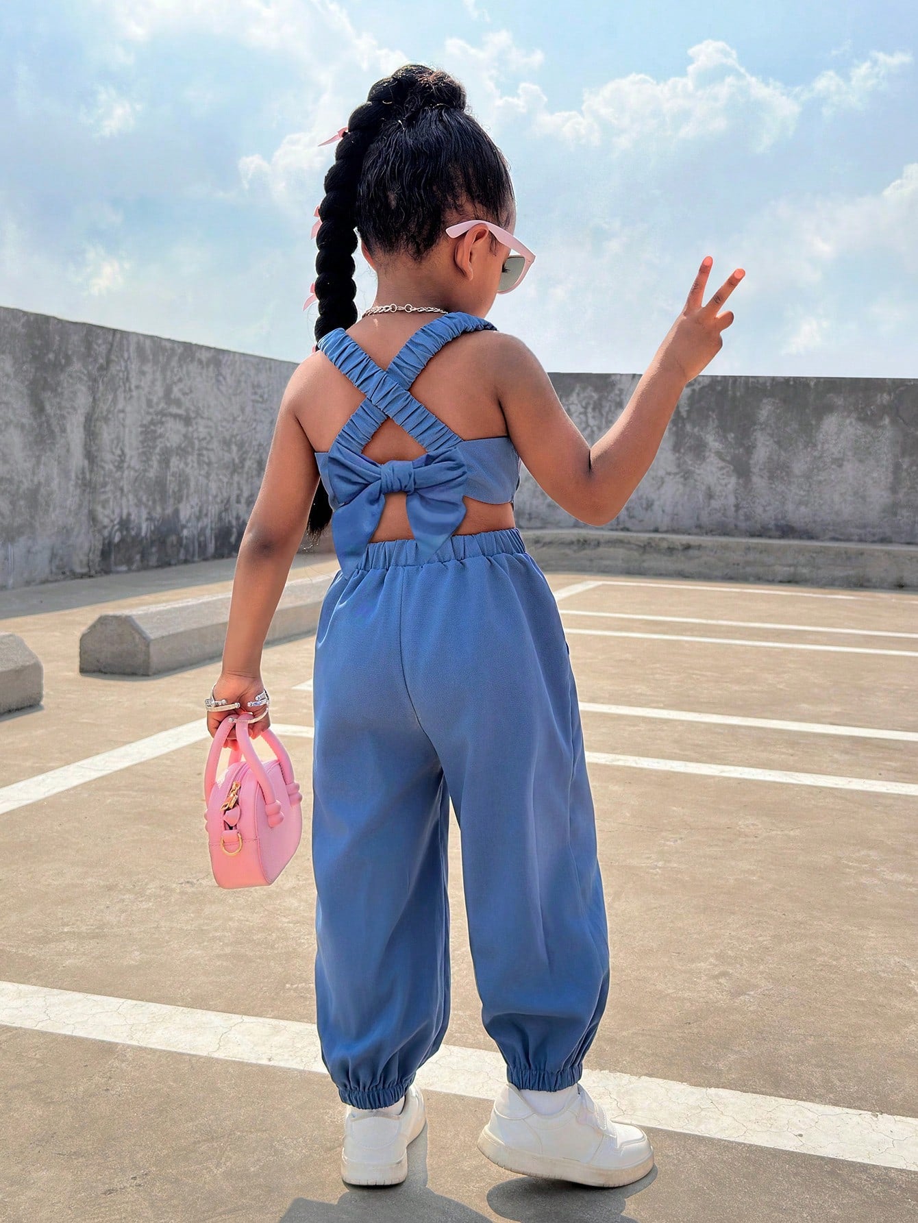 Bubblio Baby Girls' Criss-Cross Backless Jumpsuit With Bow, Fashionable Casual Streetwear, Easter Gift Sthings For Baby, Baby Girl