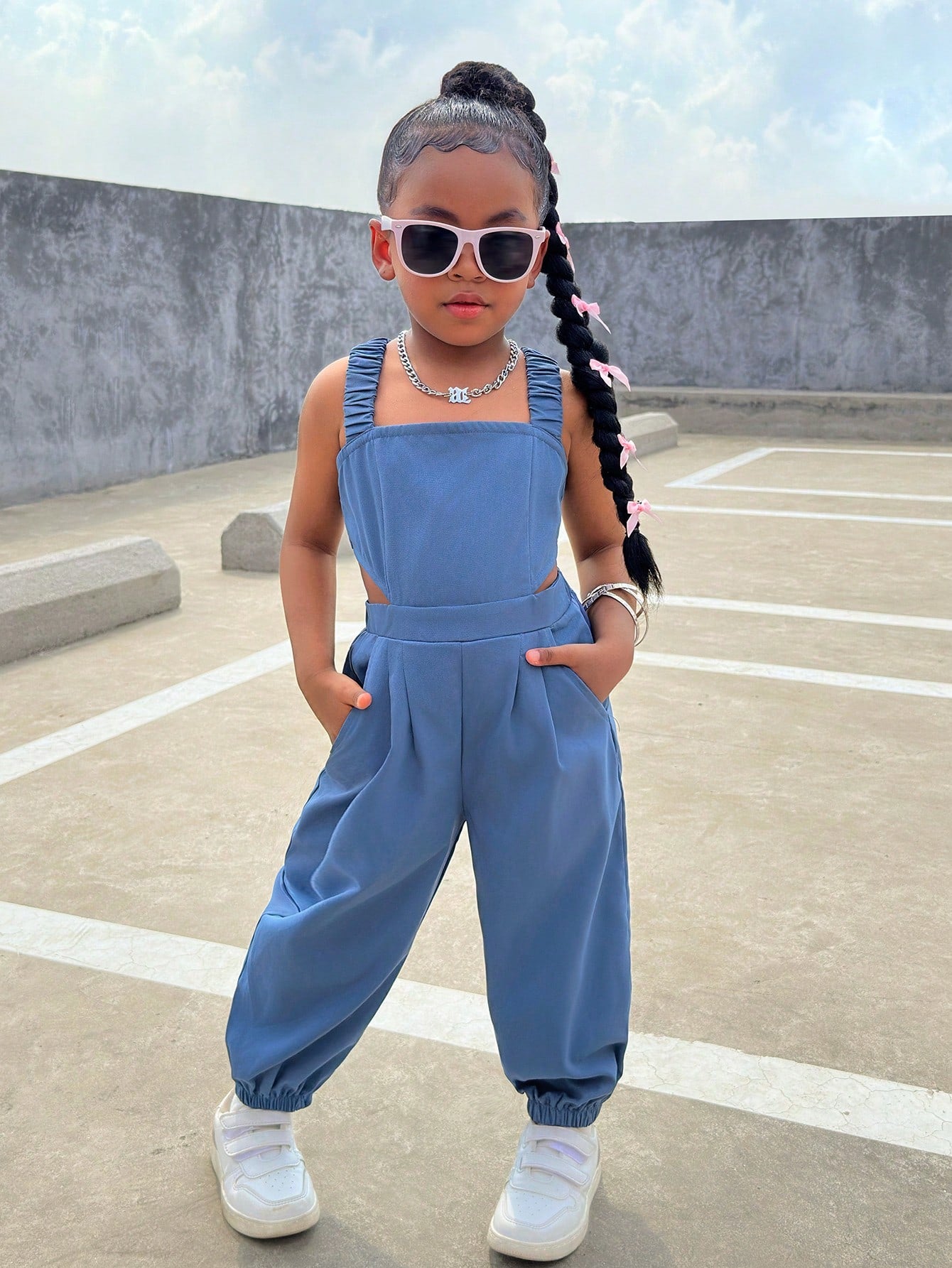 Bubblio Baby Girls' Criss-Cross Backless Jumpsuit With Bow, Fashionable Casual Streetwear, Easter Gift Sthings For Baby, Baby Girl