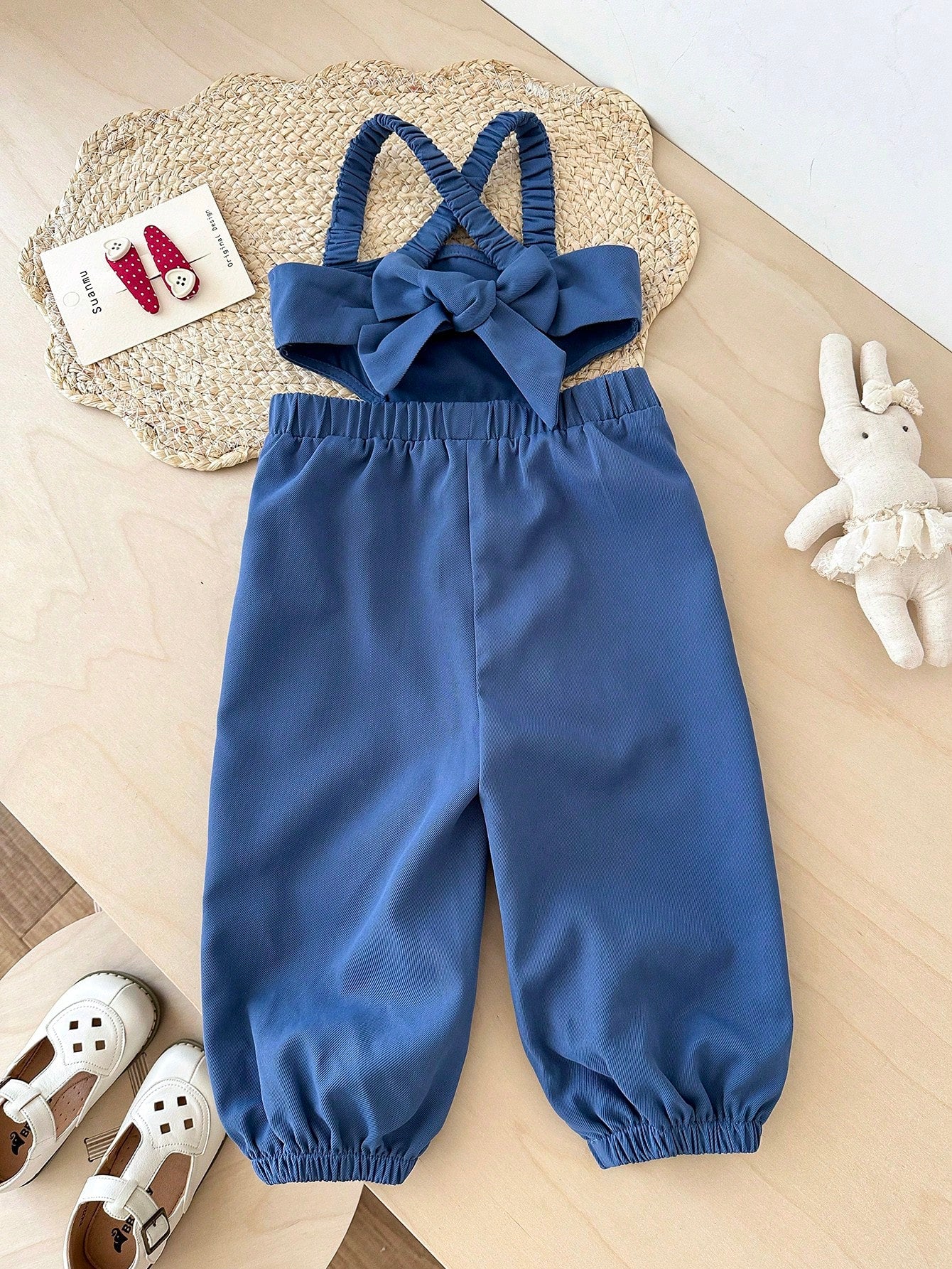 Bubblio Baby Girls' Criss-Cross Backless Jumpsuit With Bow, Fashionable Casual Streetwear, Easter Gift Sthings For Baby, Baby Girl