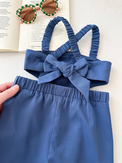 Bubblio Baby Girls' Criss-Cross Backless Jumpsuit With Bow, Fashionable Casual Streetwear, Easter Gift Sthings For Baby, Baby Girl
