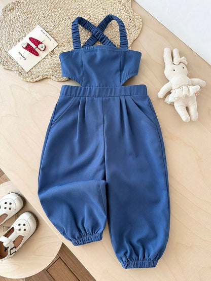 Bubblio Baby Girls' Criss-Cross Backless Jumpsuit With Bow, Fashionable Casual Streetwear, Easter Gift Sthings For Baby, Baby Girl