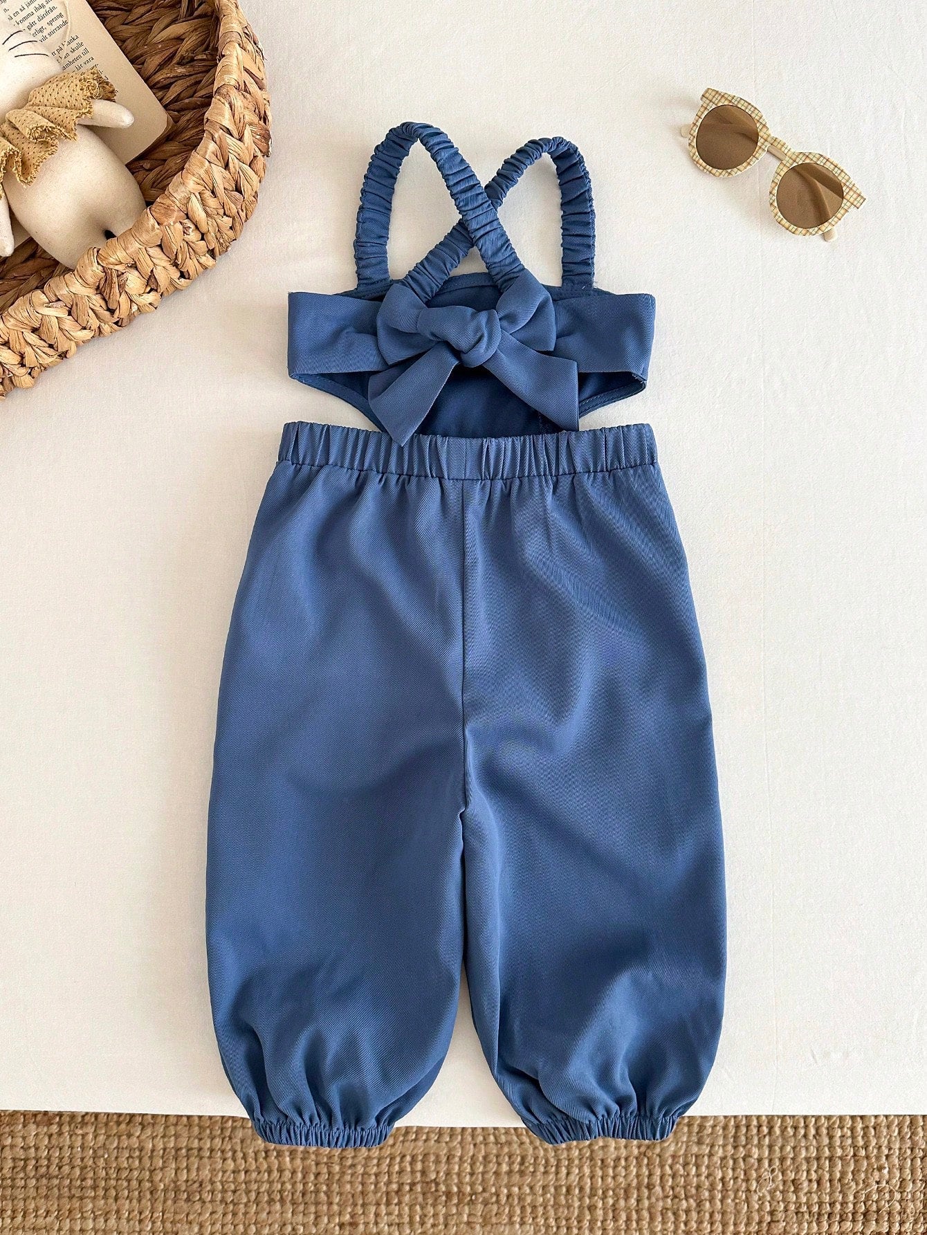 Bubblio Baby Girls' Criss-Cross Backless Jumpsuit With Bow, Fashionable Casual Streetwear, Easter Gift Sthings For Baby, Baby Girl