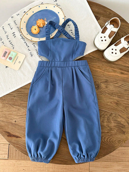 Bubblio Baby Girls' Criss-Cross Backless Jumpsuit With Bow, Fashionable Casual Streetwear, Easter Gift Sthings For Baby, Baby Girl