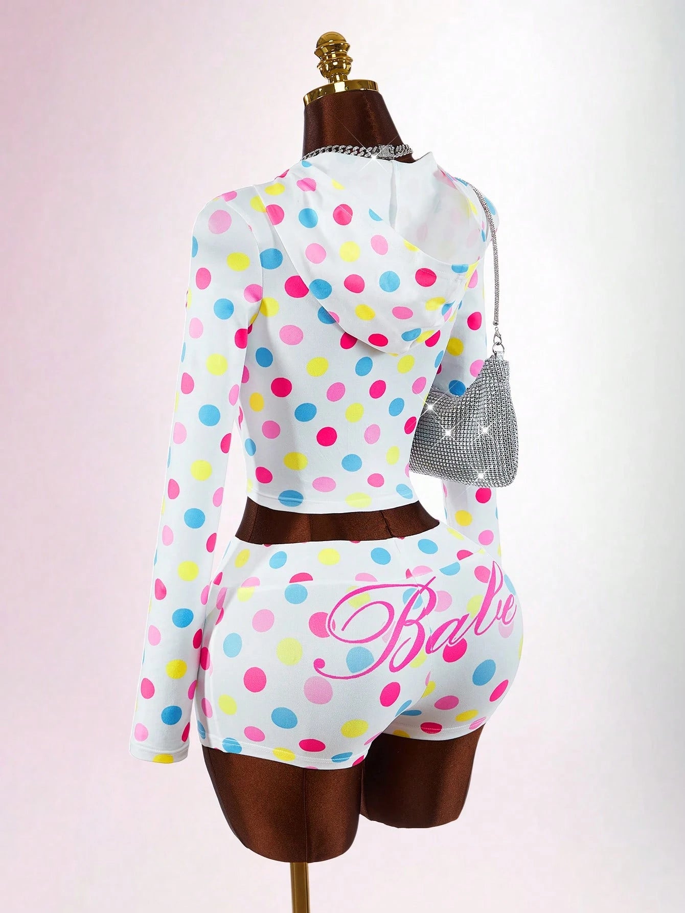 Bumpella Women's White Polka Dot Street Wear Y2k Vacation Cute Mini 2-Piece Set Long Sleeve Jacket Top Super Low-Waist Shorts Everyday Autumn