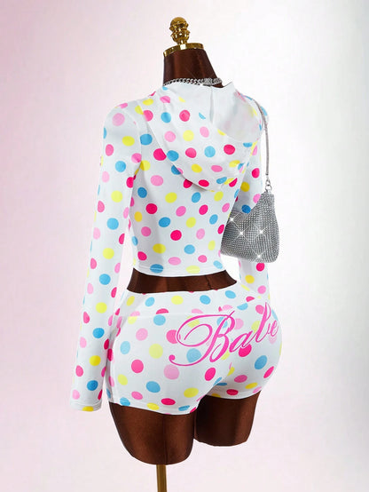 Bumpella Women's White Polka Dot Street Wear Y2k Vacation Cute Mini 2-Piece Set Long Sleeve Jacket Top Super Low-Waist Shorts Everyday Autumn