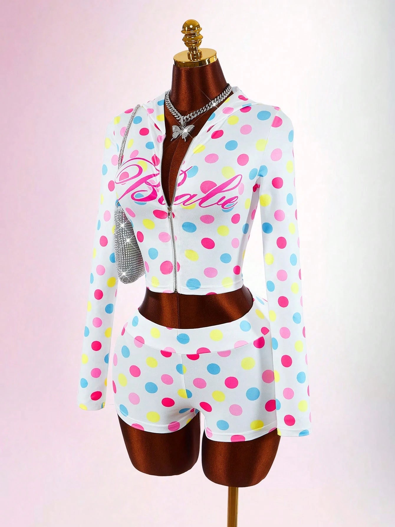 Bumpella Women's White Polka Dot Street Wear Y2k Vacation Cute Mini 2-Piece Set Long Sleeve Jacket Top Super Low-Waist Shorts Everyday Autumn