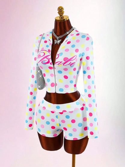 Bumpella Women's White Polka Dot Street Wear Y2k Vacation Cute Mini 2-Piece Set Long Sleeve Jacket Top Super Low-Waist Shorts Everyday Autumn