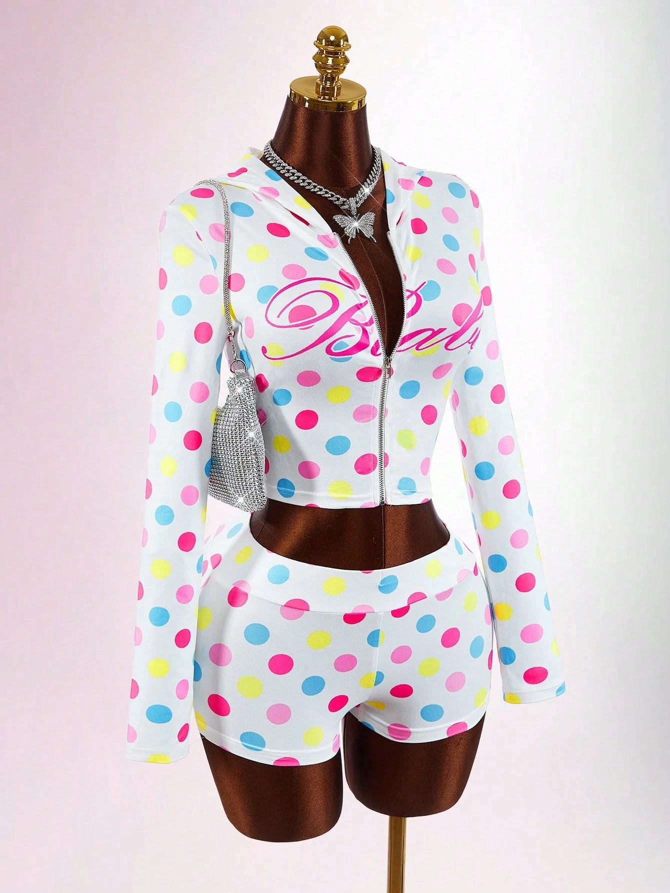 Bumpella Women's White Polka Dot Street Wear Y2k Vacation Cute Mini 2-Piece Set Long Sleeve Jacket Top Super Low-Waist Shorts Everyday Autumn