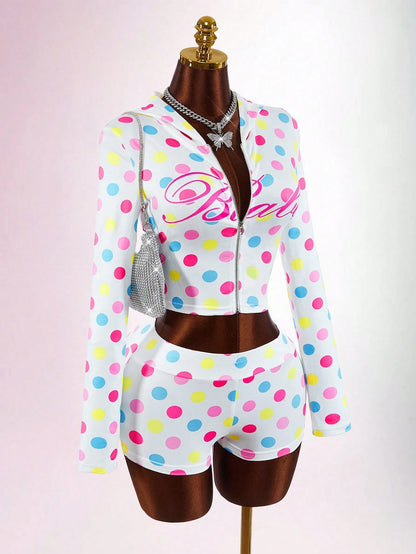 Bumpella Women's White Polka Dot Street Wear Y2k Vacation Cute Mini 2-Piece Set Long Sleeve Jacket Top Super Low-Waist Shorts Everyday Autumn