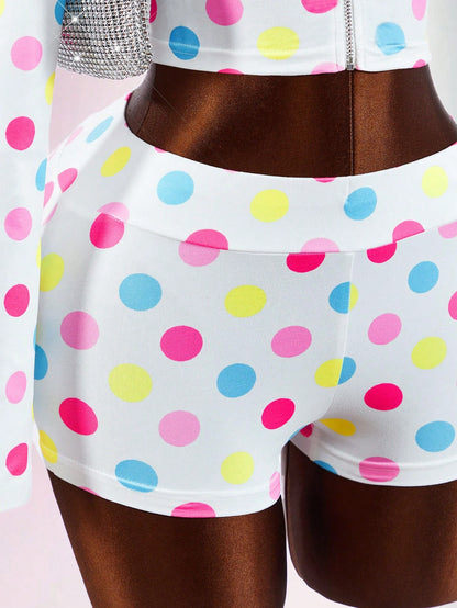 Bumpella Women's White Polka Dot Street Wear Y2k Vacation Cute Mini 2-Piece Set Long Sleeve Jacket Top Super Low-Waist Shorts Everyday Autumn