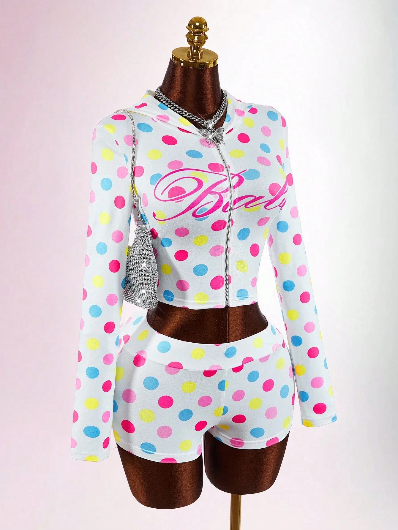 Bumpella Women's White Polka Dot Street Wear Y2k Vacation Cute Mini 2-Piece Set Long Sleeve Jacket Top Super Low-Waist Shorts Everyday Autumn